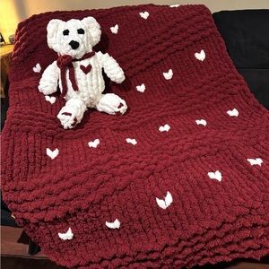 Hand knitted Red Heart Blanket with White Teddy Bear..Perfect for Valentines Day